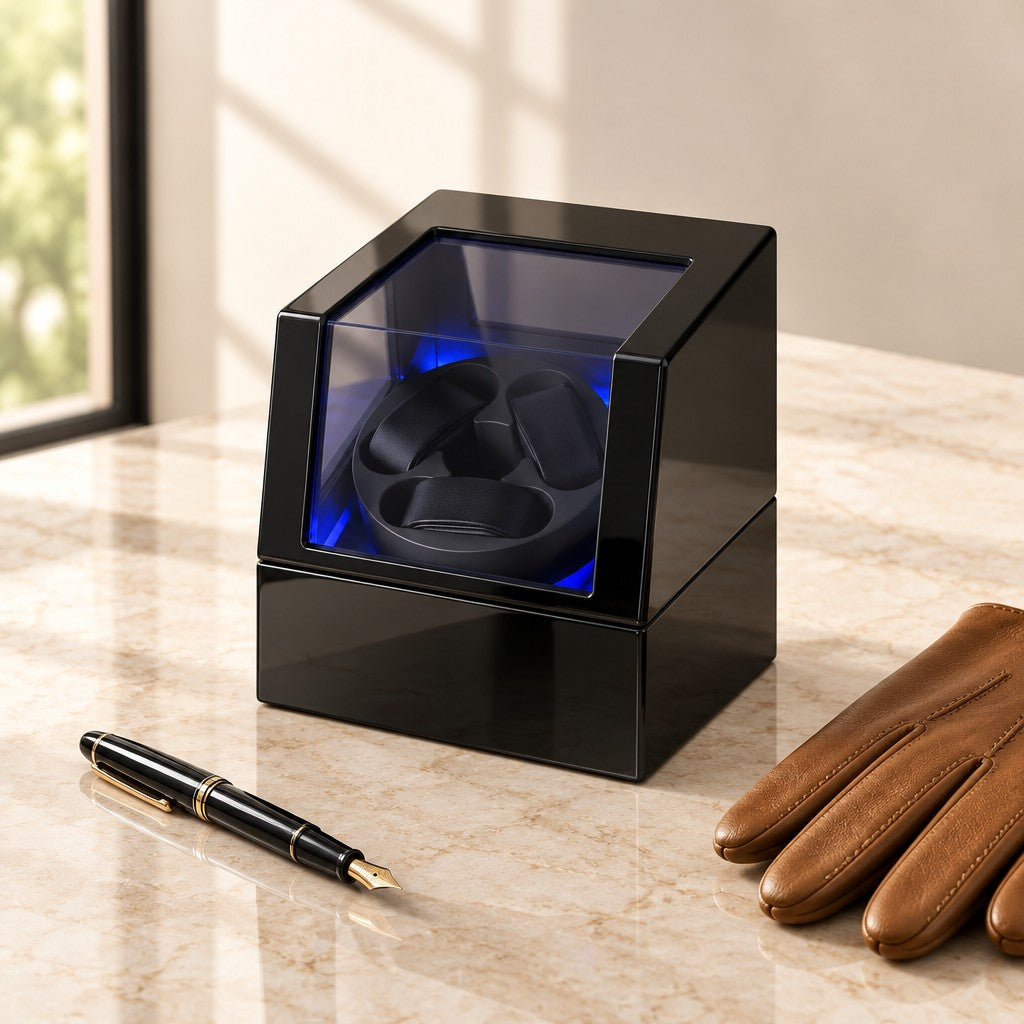 Lit 3-watch winder closed, beside a fountain pen and leather gloves