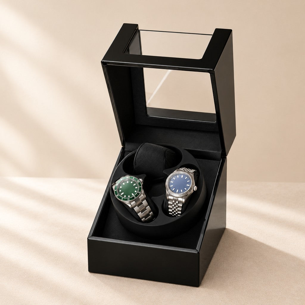 3-watch winder in black piano lacquer, lid open, two watches on the drum