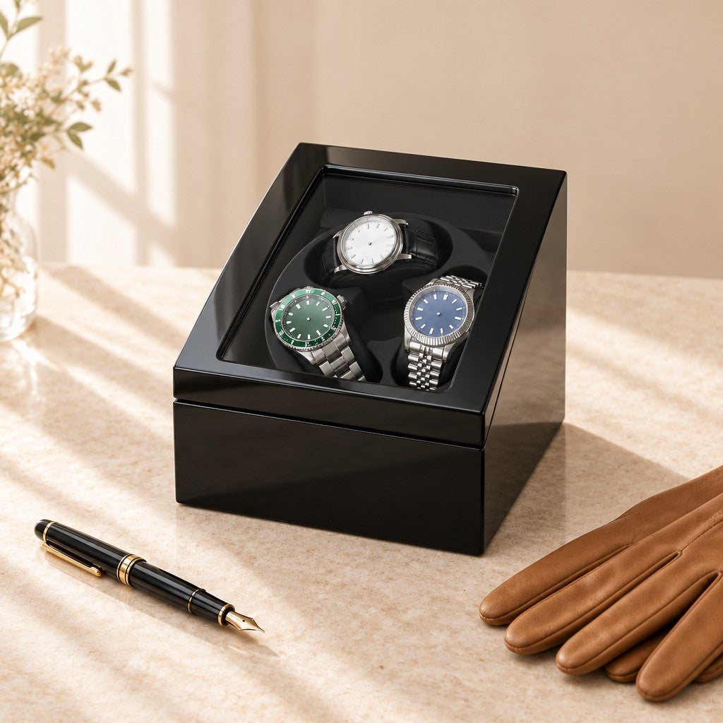 3-watch winder closed, beside a fountain pen and leather gloves