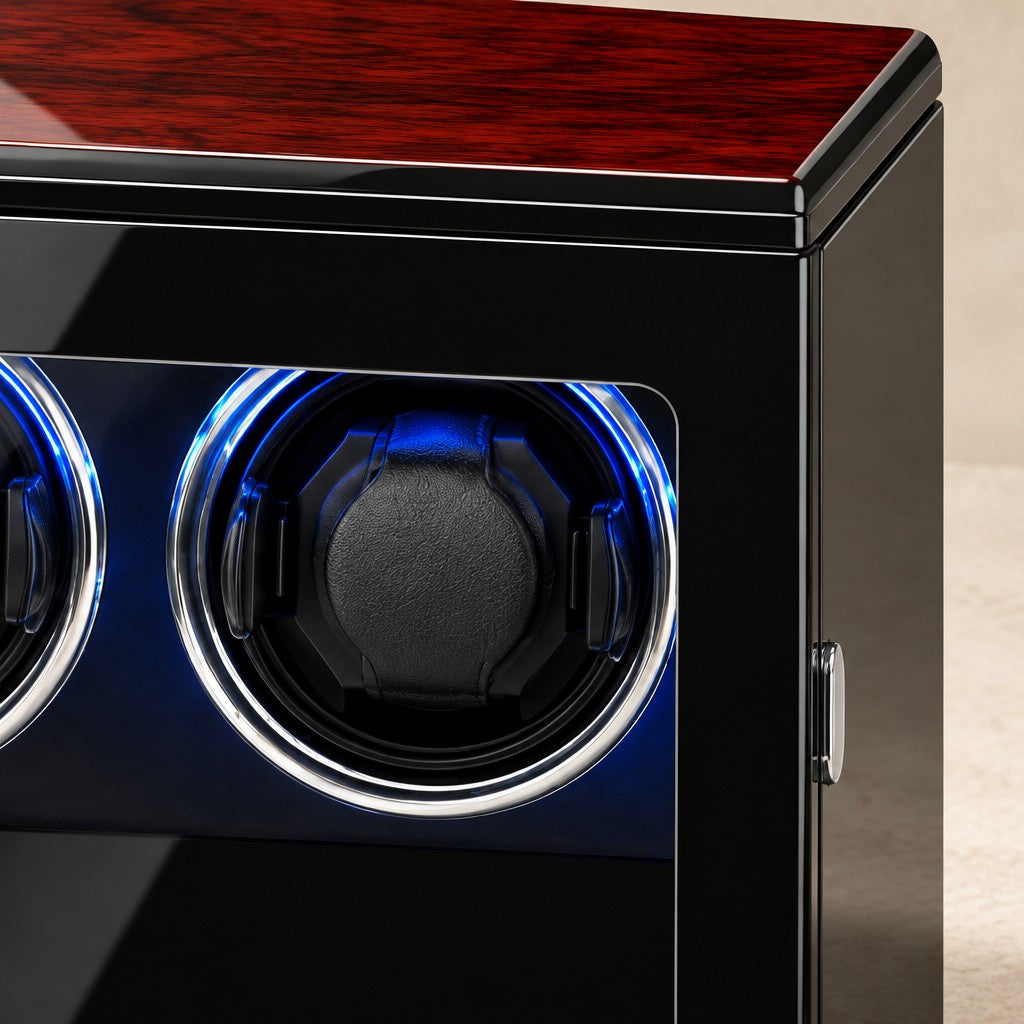 Close-up of a cushioned winding cup and the rosewood-lacquer top edge