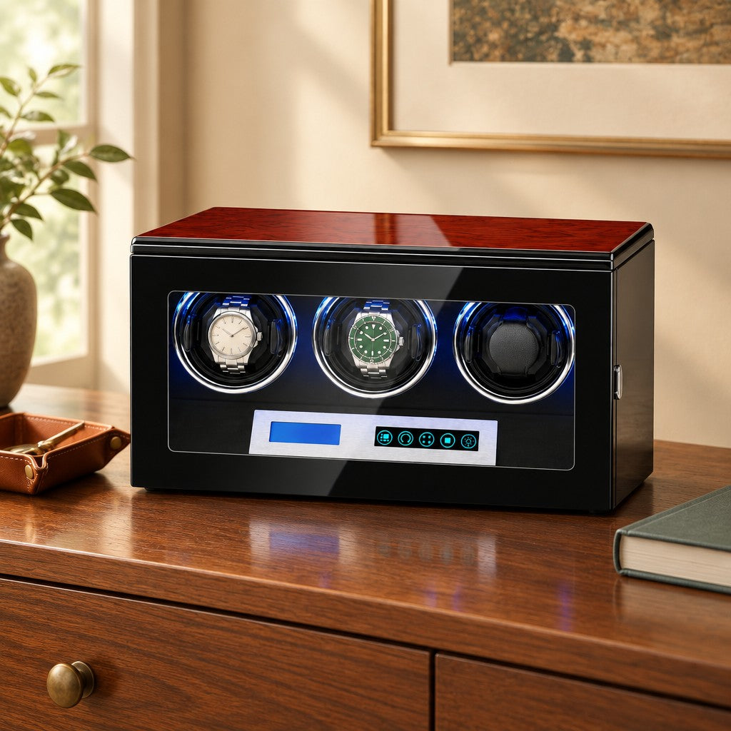 3-watch winder on a wooden chest of drawers beside a valet tray and a book