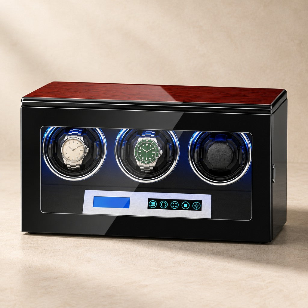 Gloss-black 3-watch winder with rosewood-lacquer top, blue LED cups and touch panel