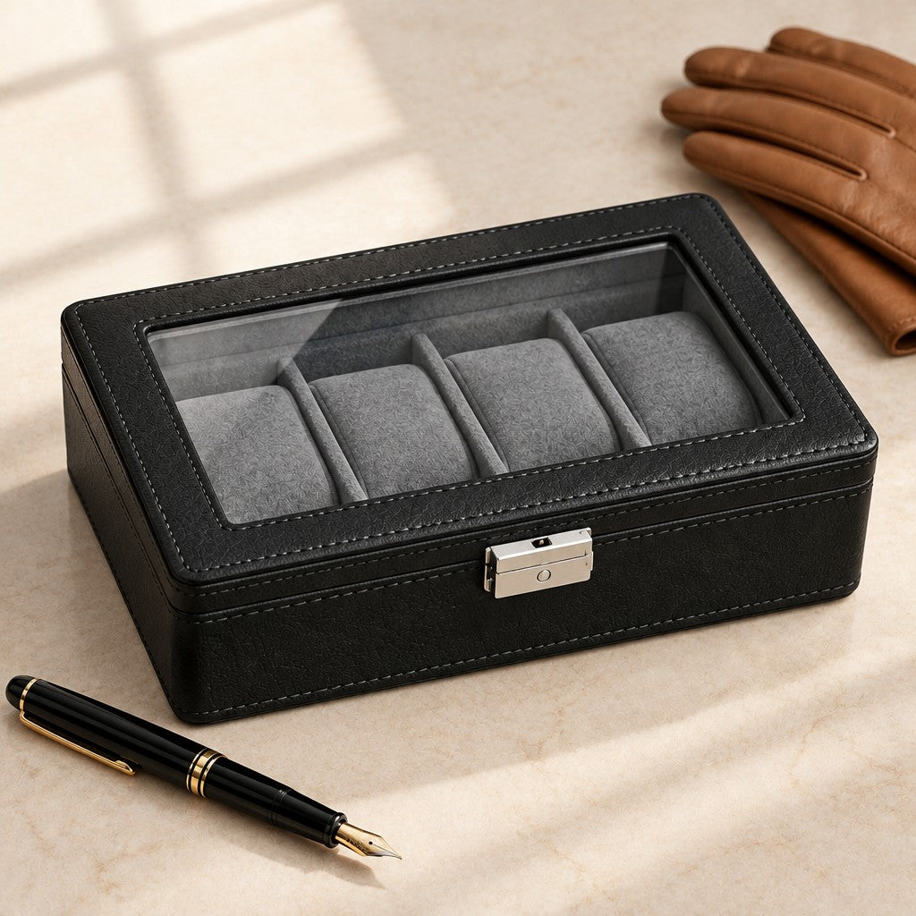 4-slot black watch box closed, beside a fountain pen and leather gloves