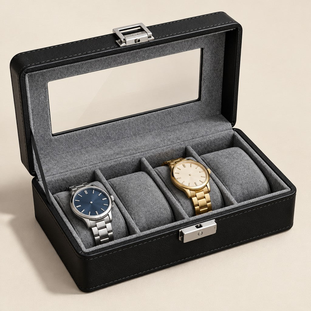 4-slot black watch box open, with grey velvet-touch pillows