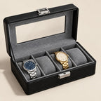 4-slot black watch box open, with grey velvet-touch pillows