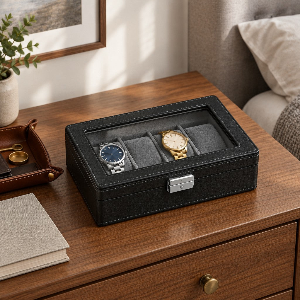 The 4 slot black watch box on a chest of drawers, for scale