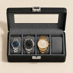Top view of the 4 slot black watch box with a 36 mm, a 42 mm and a 45 mm watch