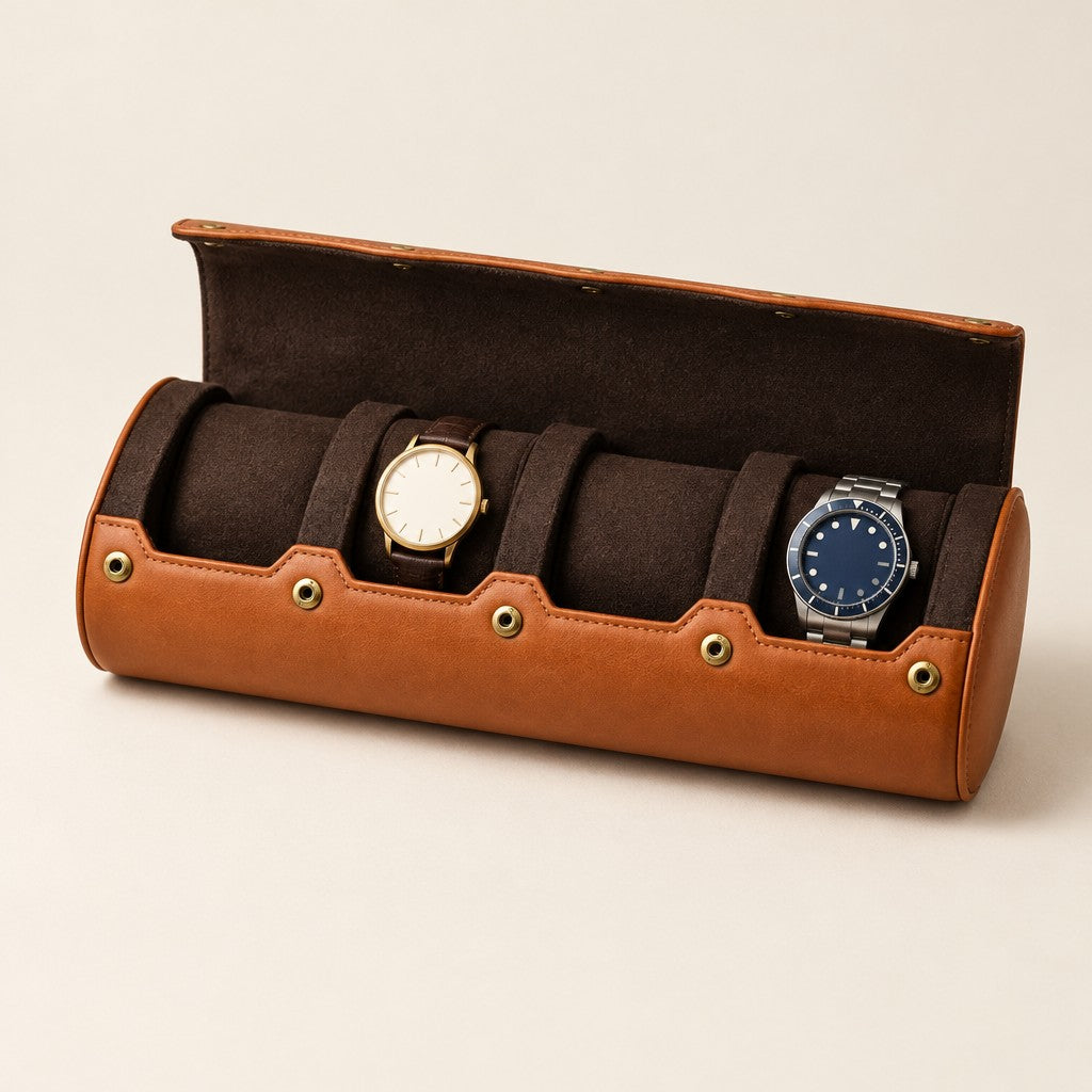Brown 4-slot faux leather watch roll open, two watches on dark brown pillows
