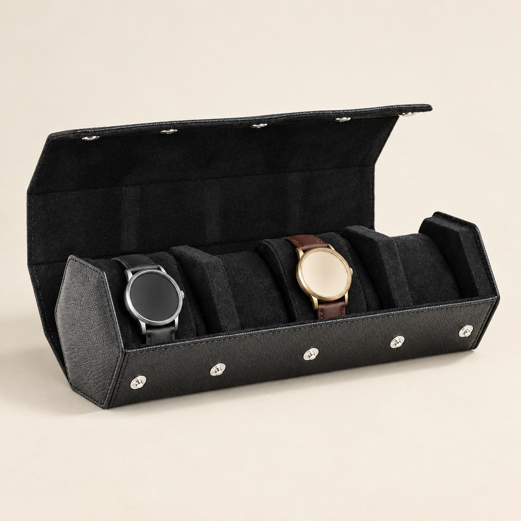 4-slot hexagon watch case in black leather, open with two watches