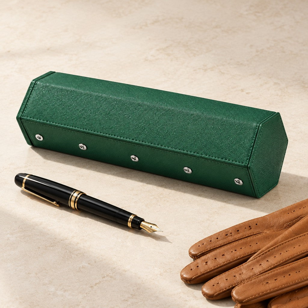 Green hexagon watch case closed, beside a fountain pen and leather gloves