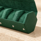Close-up of the saffiano-grain leather, stitching and snap of the hexagon watch case