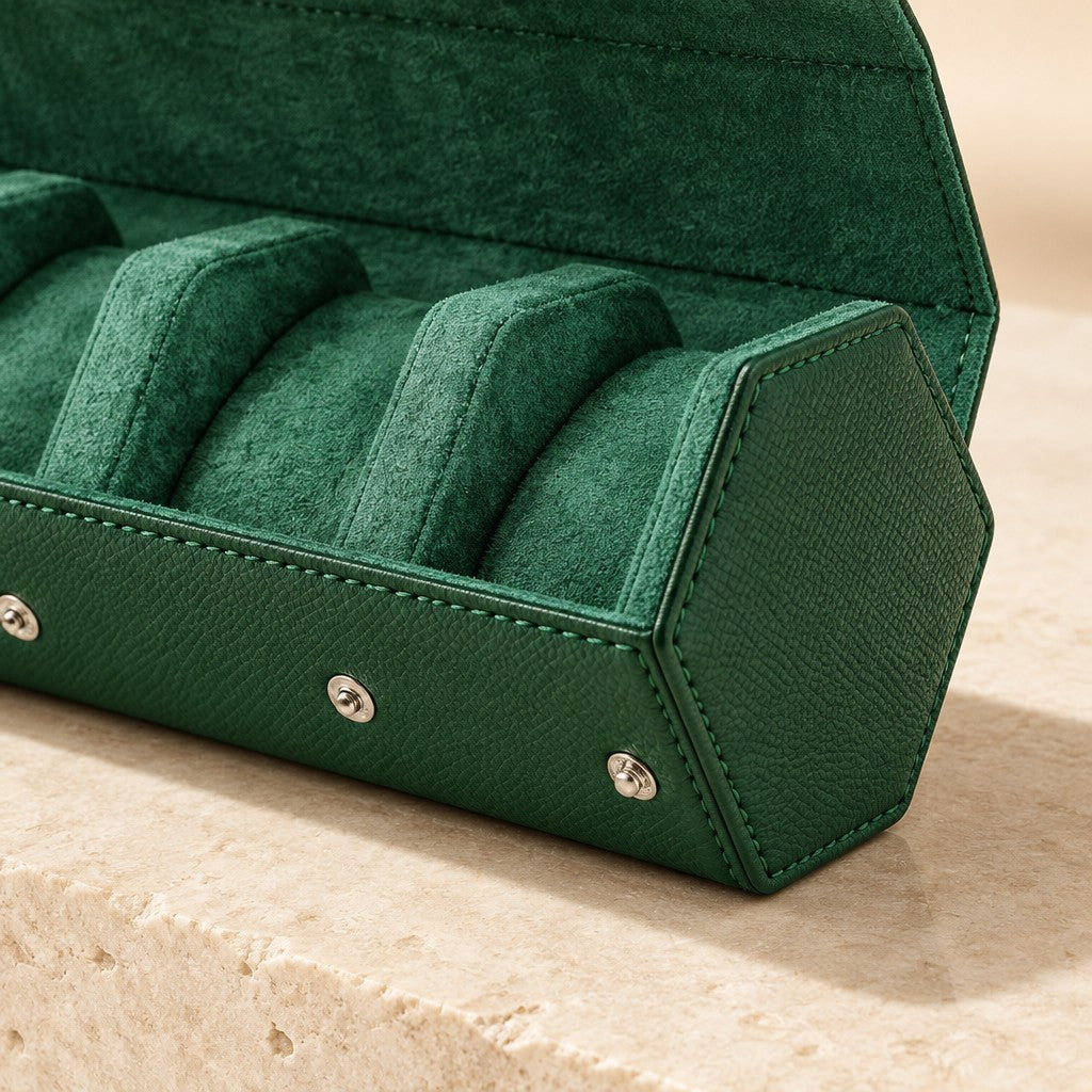 Close-up of the saffiano-grain leather, stitching and snap of the hexagon watch case