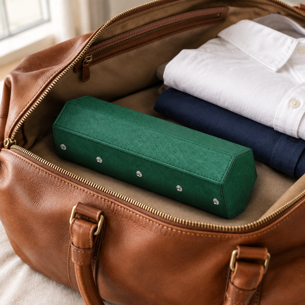 Hexagon watch case packed in a leather weekender bag, for scale