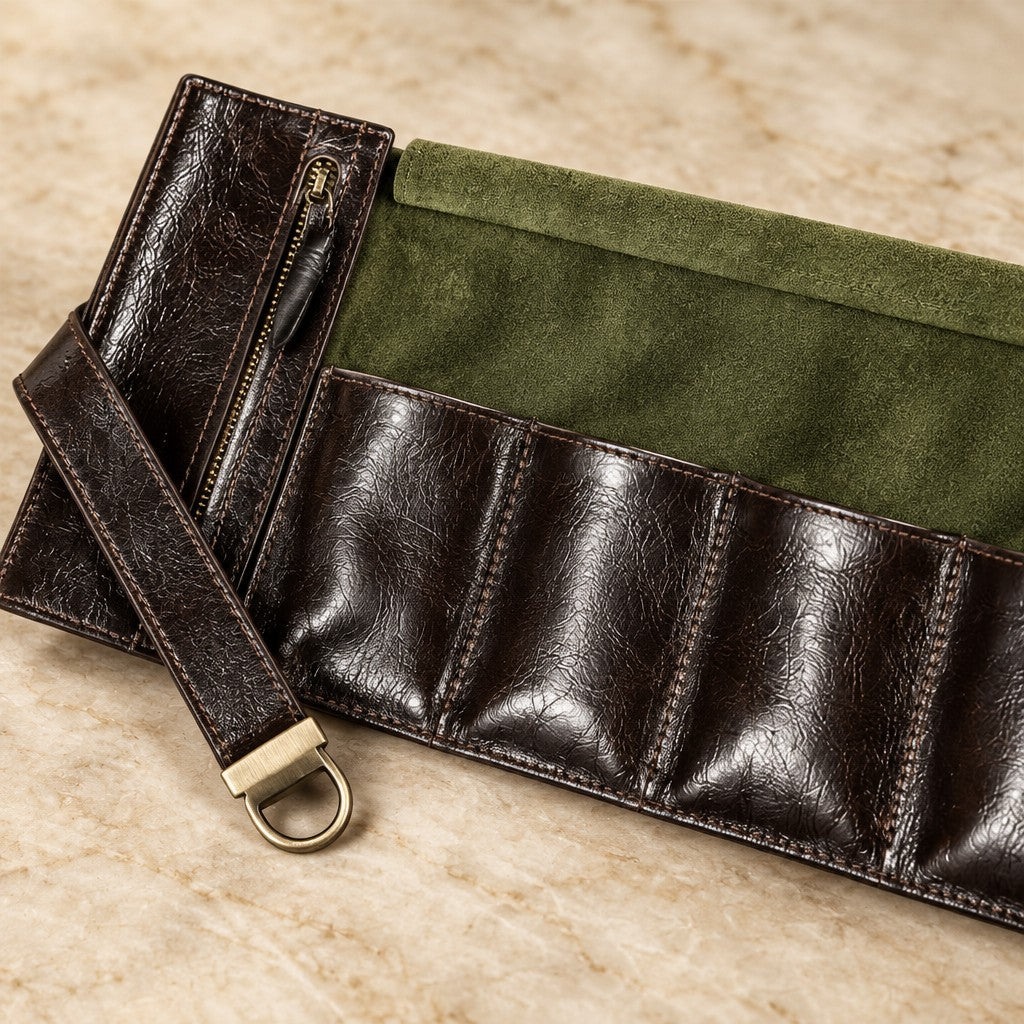Close-up of the lining and hardware of the 4-slot leather roll-up watch pouch