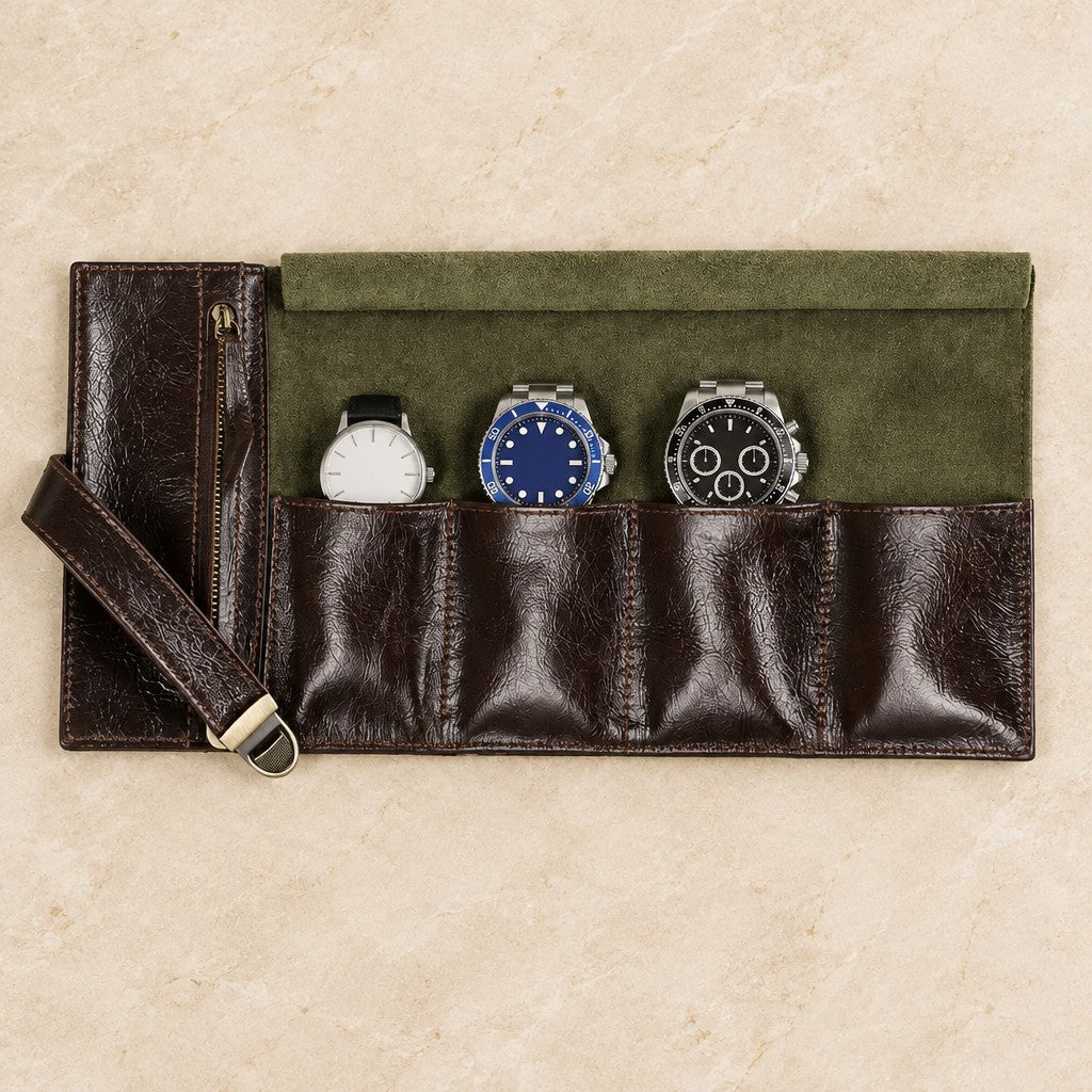 Top view of the open 4-slot leather roll-up watch pouch with watches of different sizes
