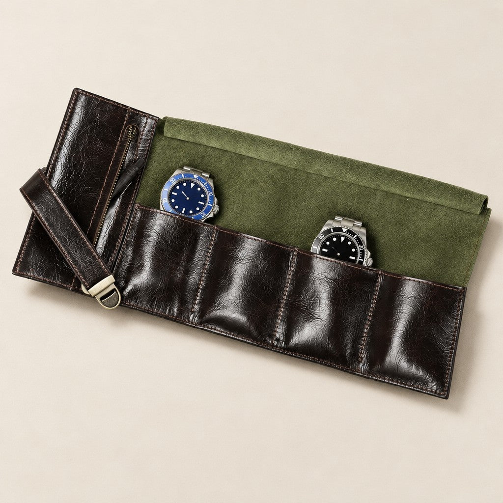 4-slot leather roll-up watch pouch open, watches on its pillows