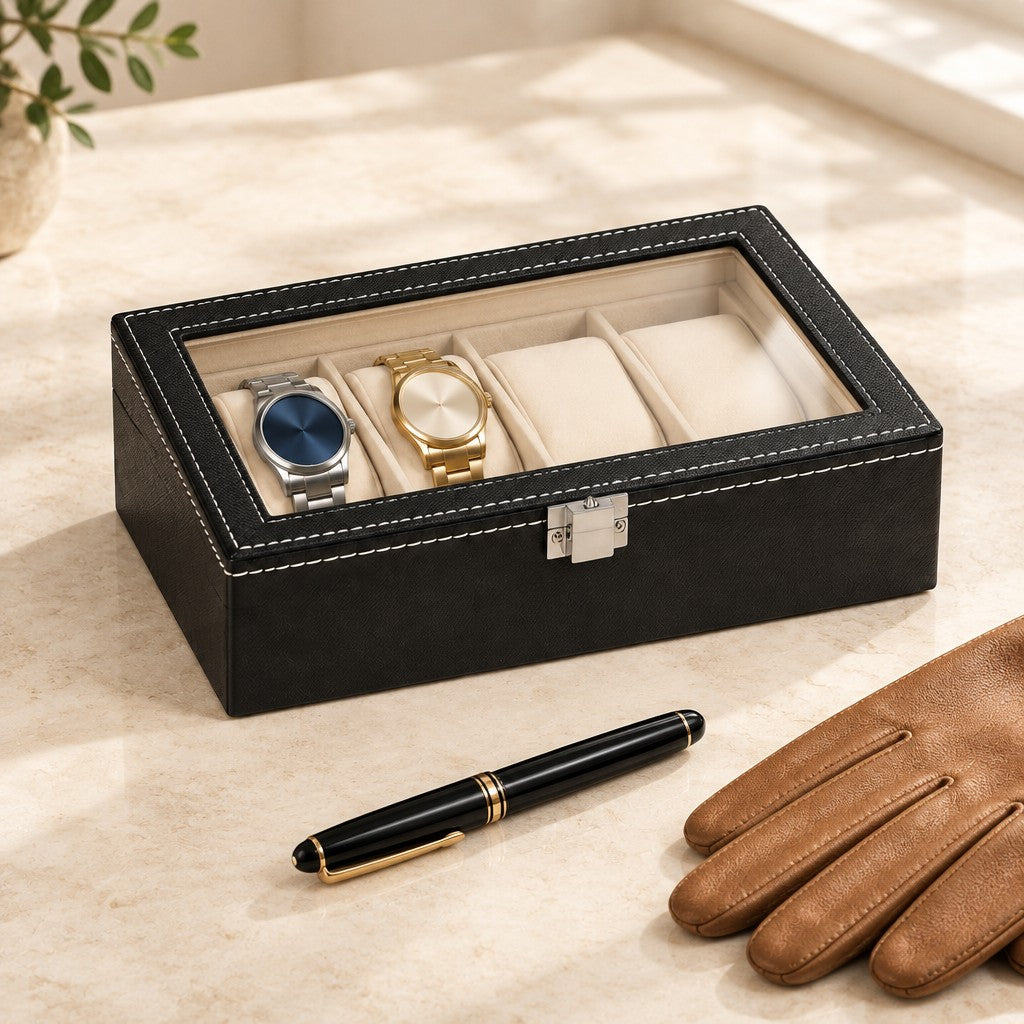 4-slot black watch box closed, beside a fountain pen and leather gloves