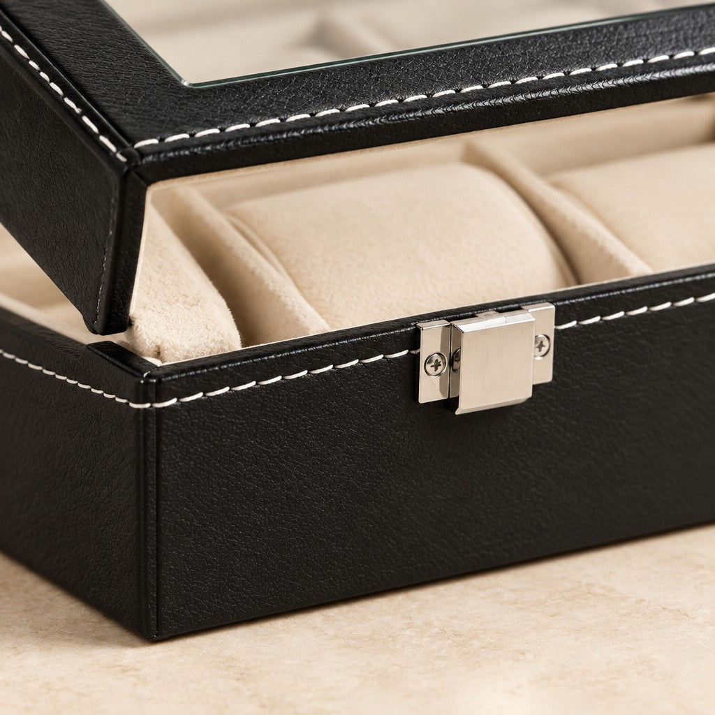Close-up of the white stitching, metal clasp and cream pillow of the 4-slot watch box