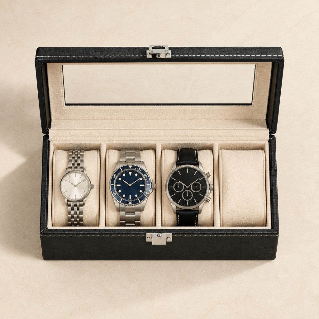 Top view of the 4-Slot Faux Leather Watch Box with Glass Window open, with a 36 mm, a 42 mm and a 45 mm watch