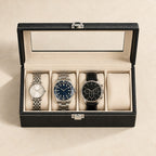 Top view of the 4-Slot Faux Leather Watch Box with Glass Window open, with a 36 mm, a 42 mm and a 45 mm watch