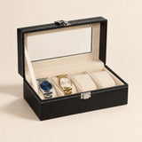 4-slot black faux leather watch box with glass window, open with two watches
