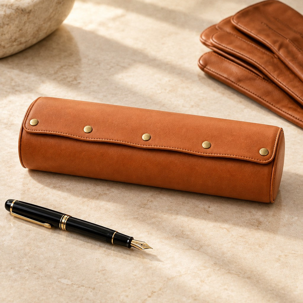 4-slot watch roll closed, beside a fountain pen and leather gloves