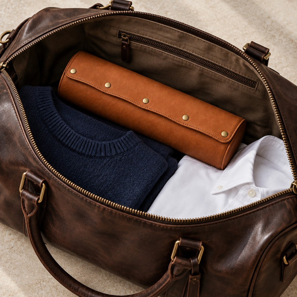 4-slot watch roll packed in an open travel bag