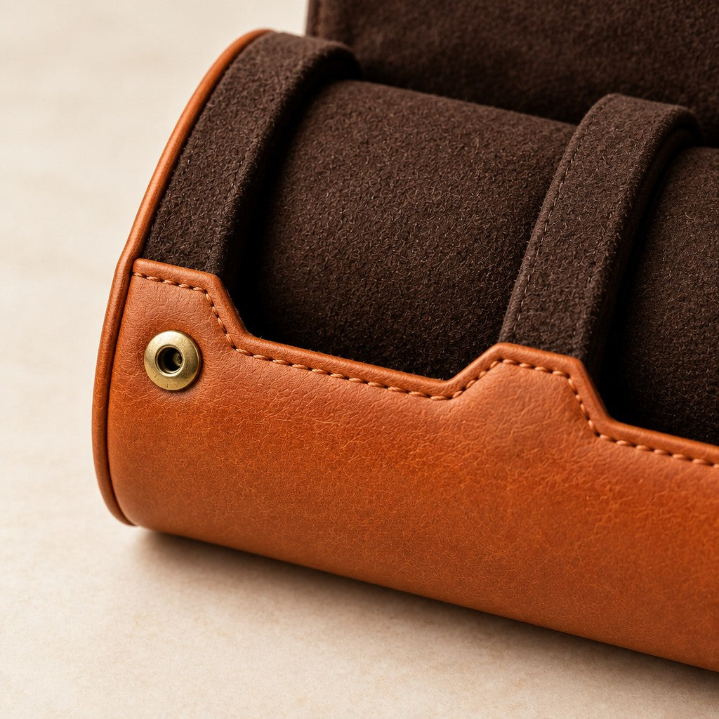 Close-up of the brass press studs and suede-look lining of the 4-slot watch roll