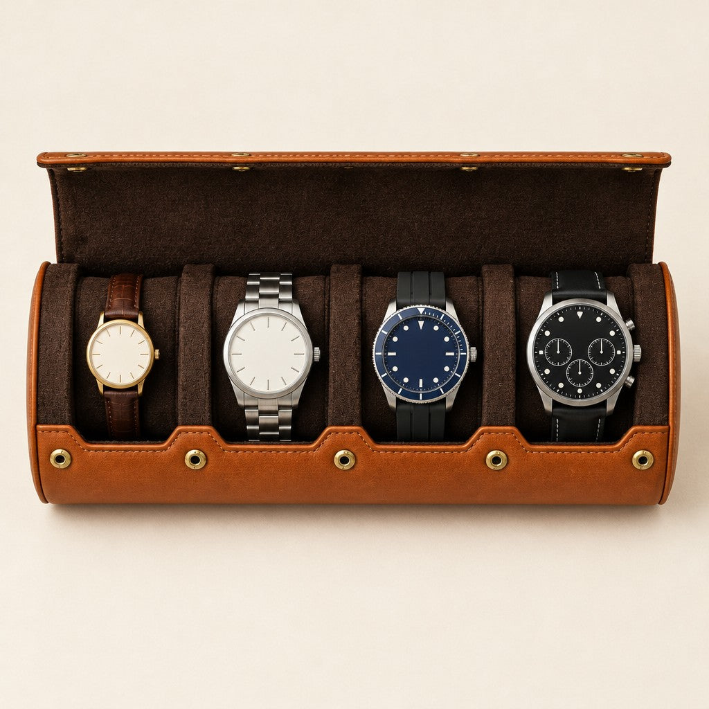 Top view of the 4-slot watch roll holding watches of different sizes