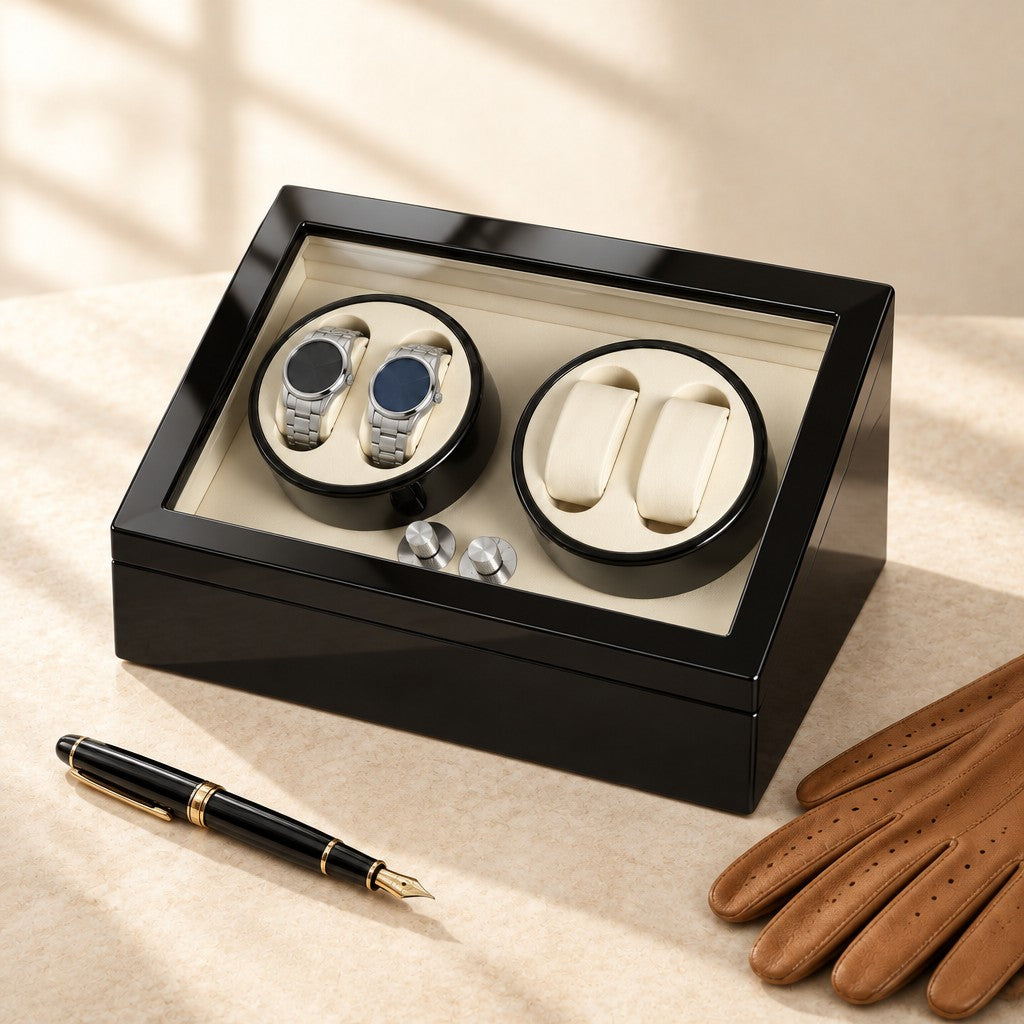 Black lacquer watch winder beside a fountain pen and leather gloves