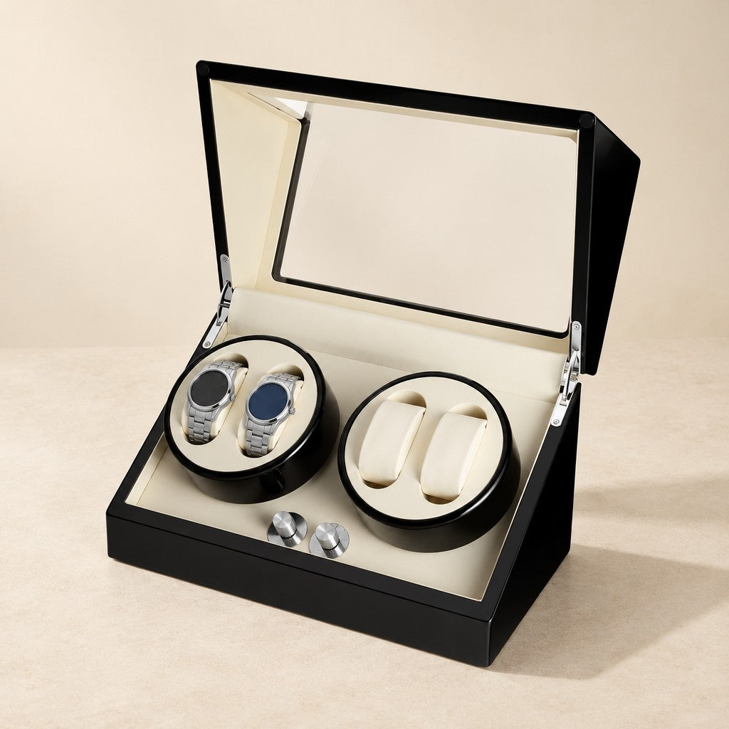 Black piano-lacquer 4-watch winder, lid open, white interior