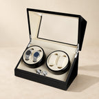 Black piano-lacquer 4-watch winder, lid open, white interior