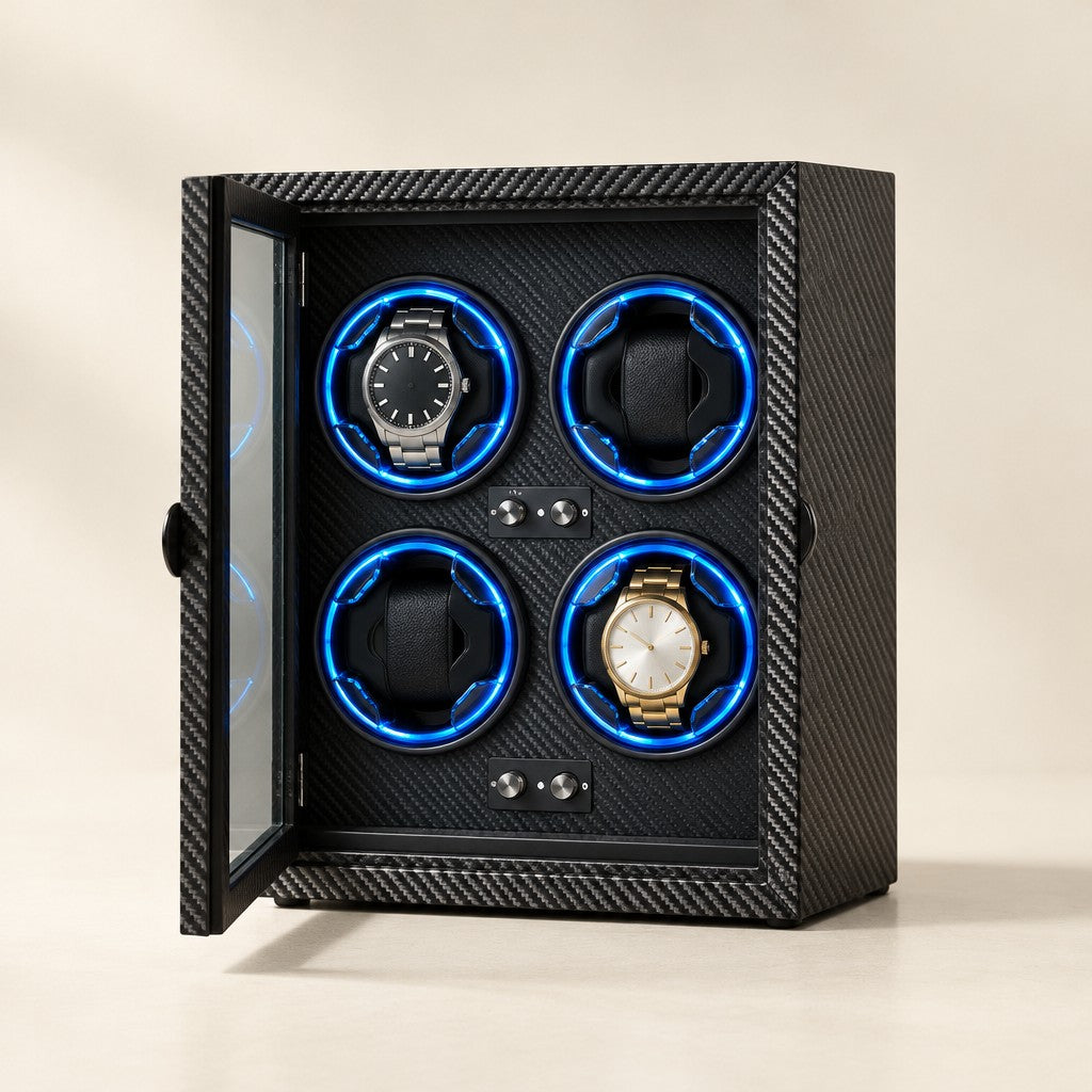 Carbon-fiber 4-watch winder cabinet with the glass door open