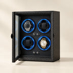 Carbon-fiber 4-watch winder cabinet with the glass door open