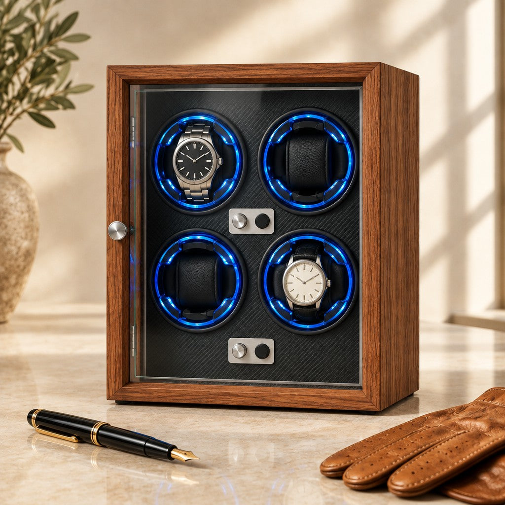 Walnut watch winder cabinet closed, beside a fountain pen and leather gloves