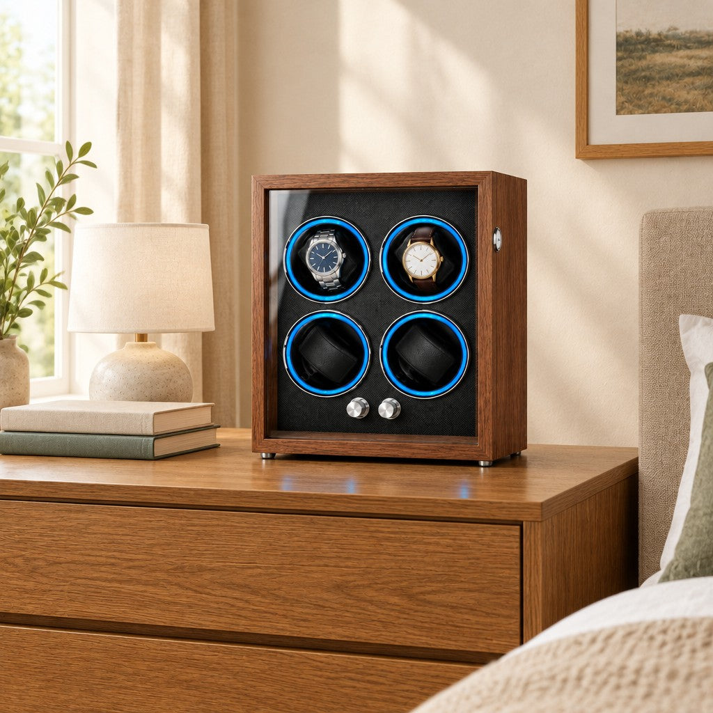 4-watch winder cabinet on a dresser