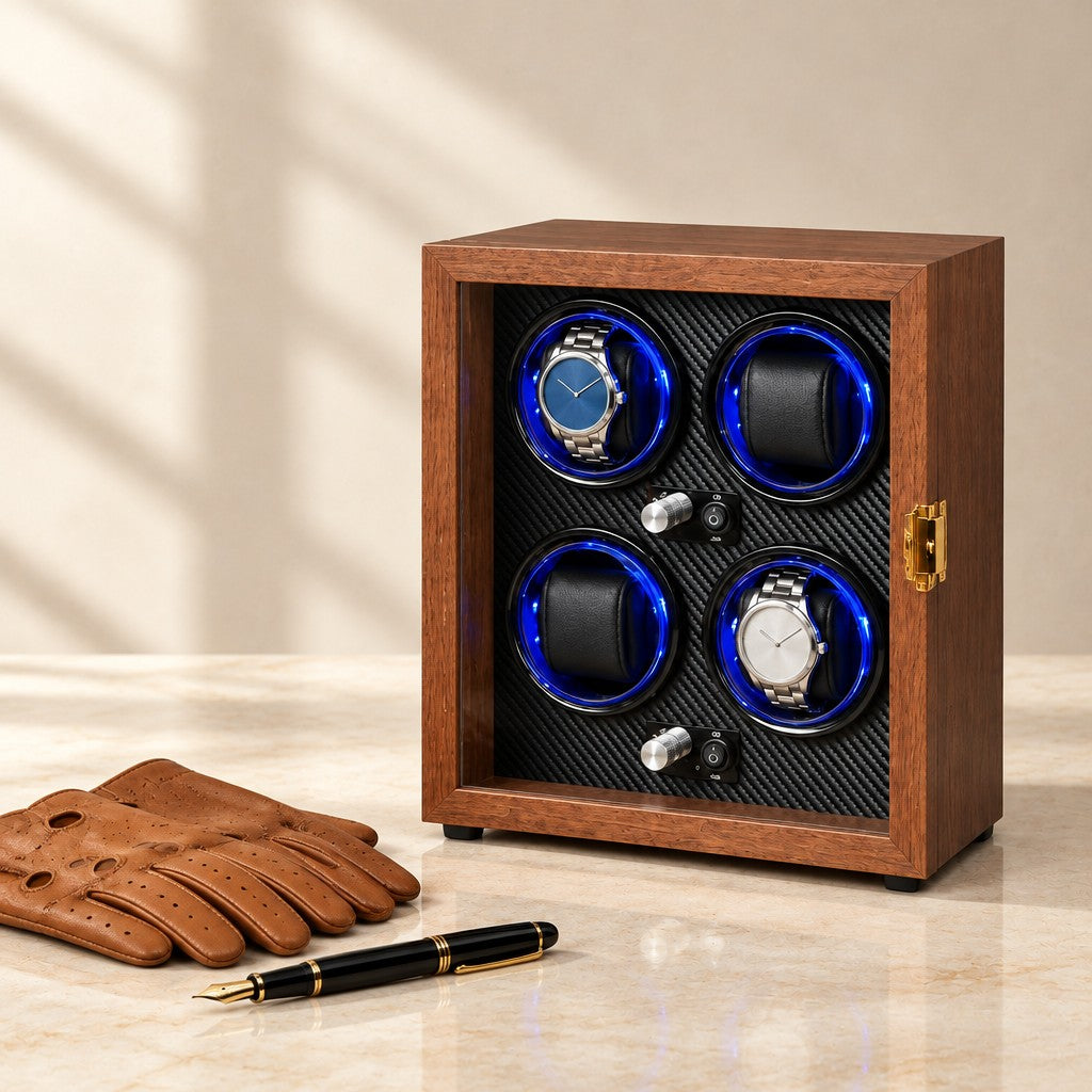 Walnut watch winder cabinet beside a fountain pen and leather gloves