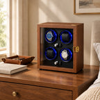 4-watch winder cabinet on a wooden chest of drawers