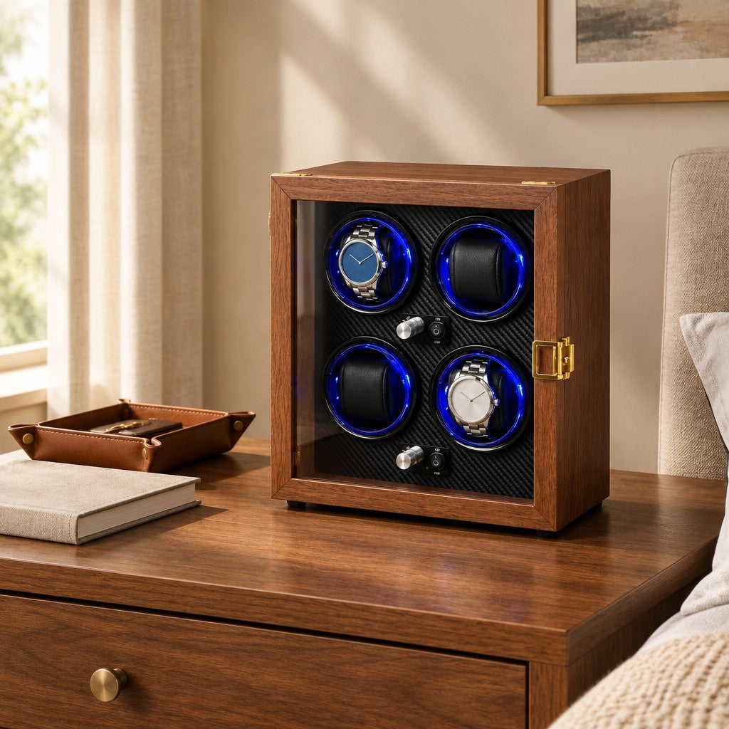 4-watch winder cabinet on a wooden chest of drawers