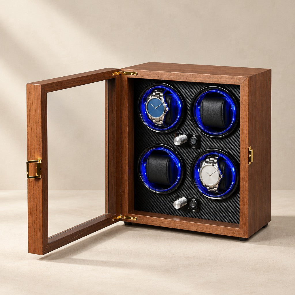 Walnut 4-watch winder cabinet, glass door open, blue-lit rotors
