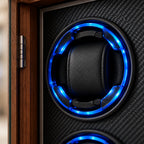 Close-up of a rotor pillow, its blue light ring and the door hinge