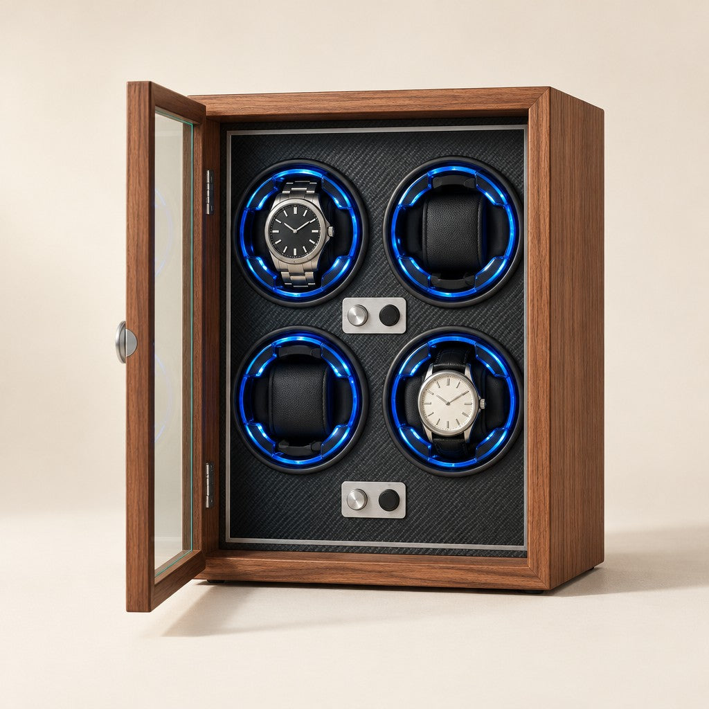 Walnut 4-watch winder cabinet with the glass door open and two watches on the rotors