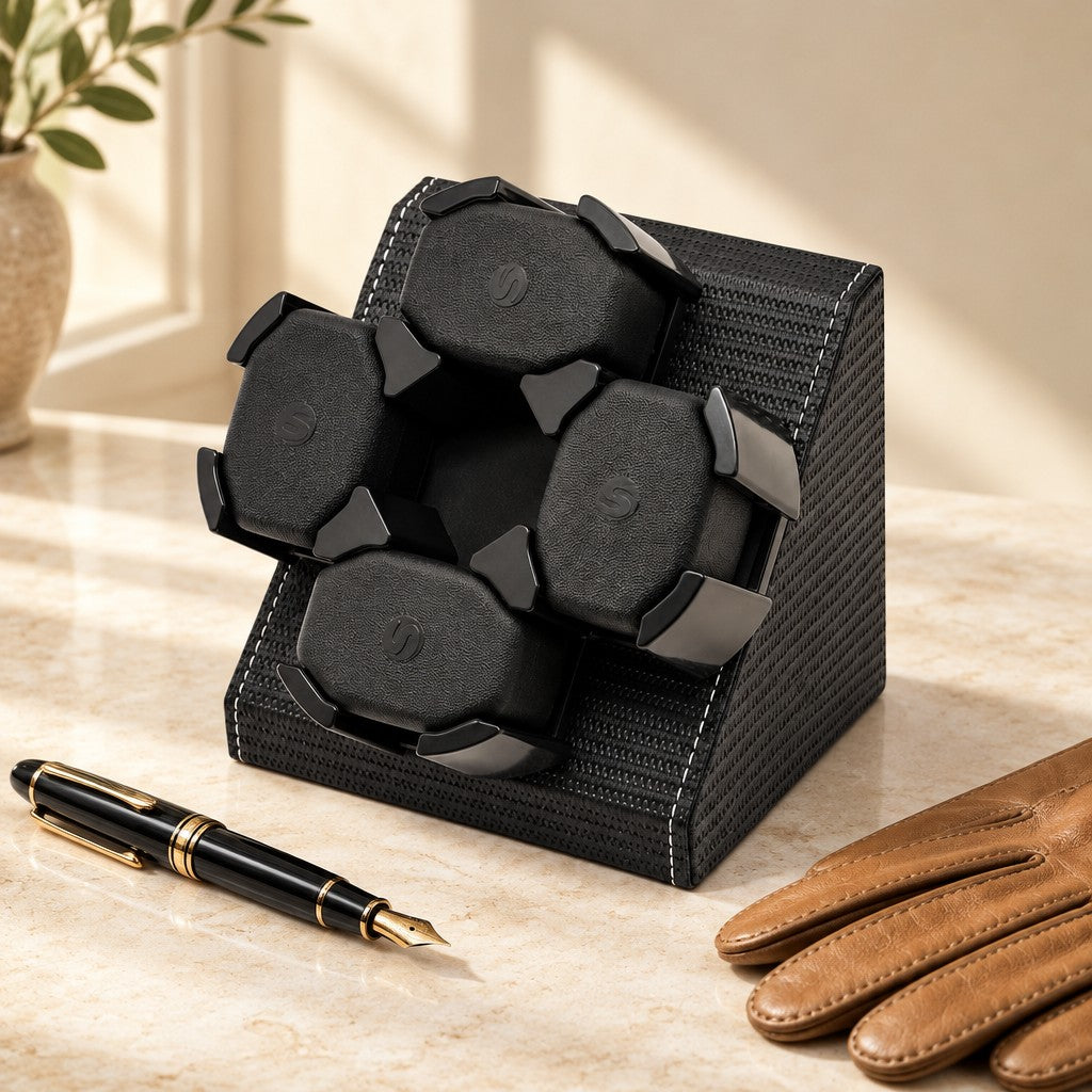 4-watch winder beside a fountain pen and leather gloves