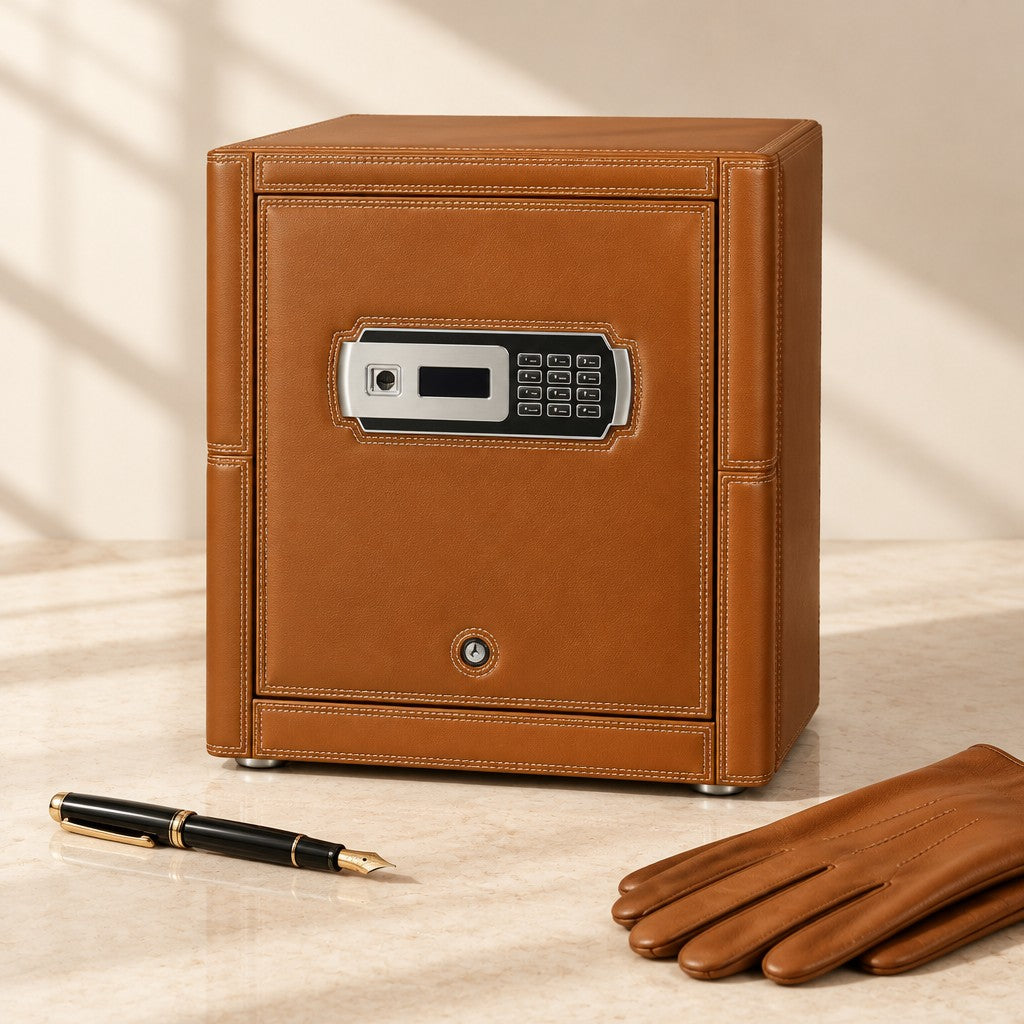 Brown leather winder safe closed with its fingerprint lock, beside a pen and gloves