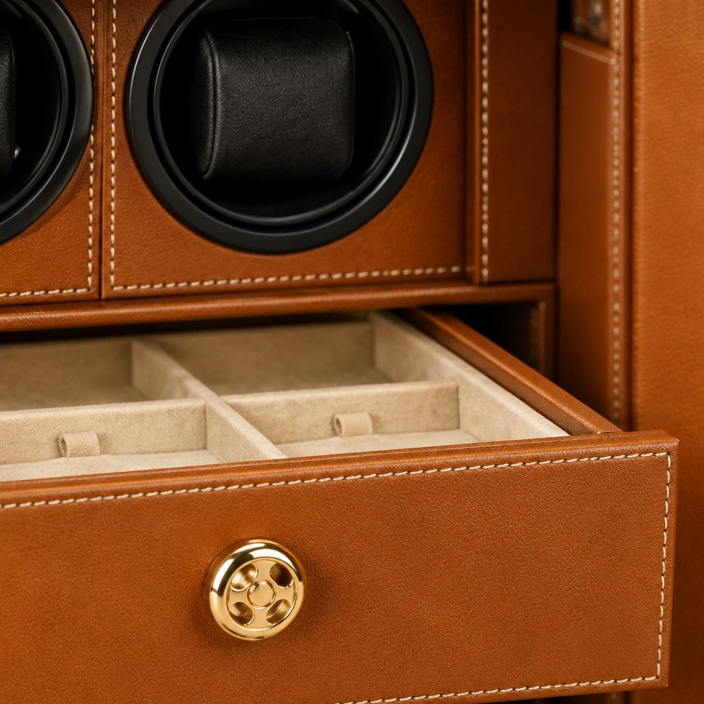 Close-up of the lined jewelry drawer, its brass knob and a cushioned winder