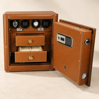 Brown leather watch winder safe open, with four winders and two drawers