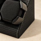 Close-up of the woven-texture faux leather and stitched edge of the 4-watch winder