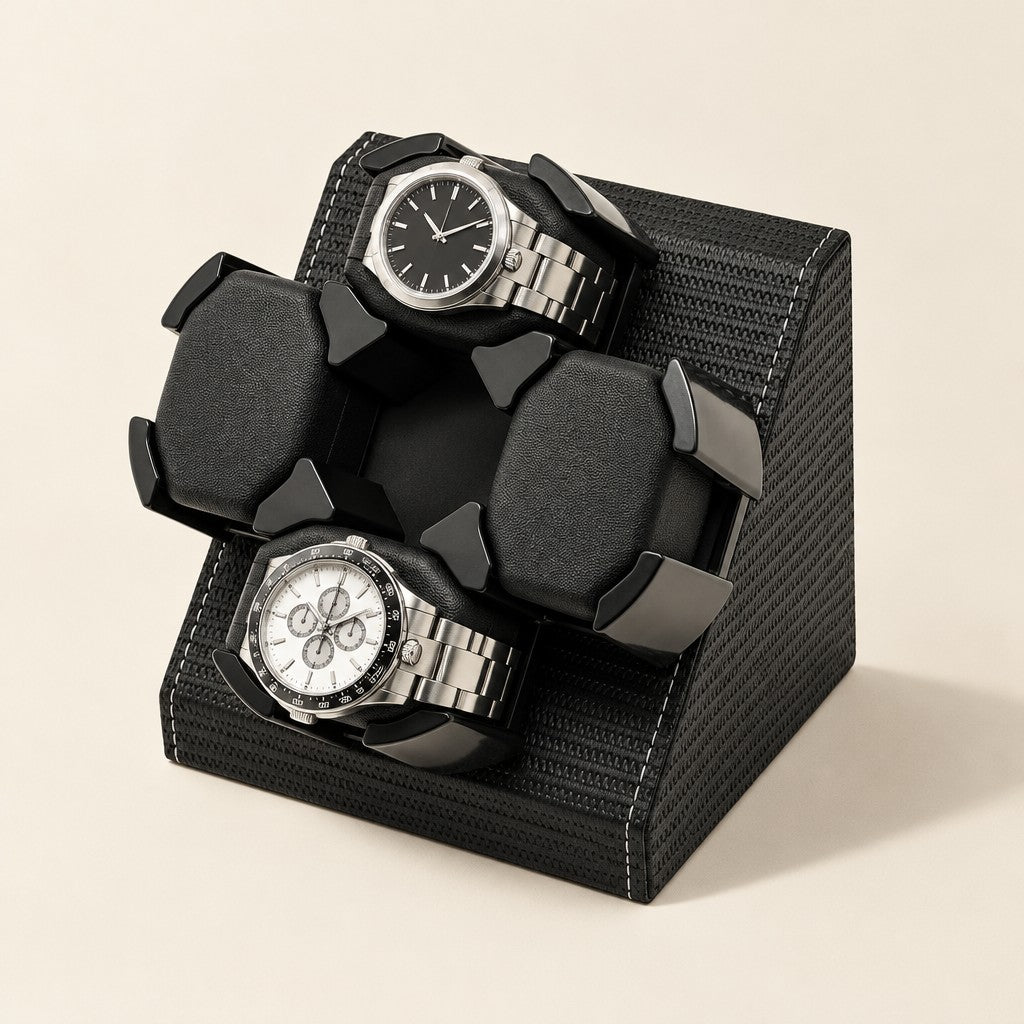 4-watch winder in black woven faux leather with two watches on its turntable