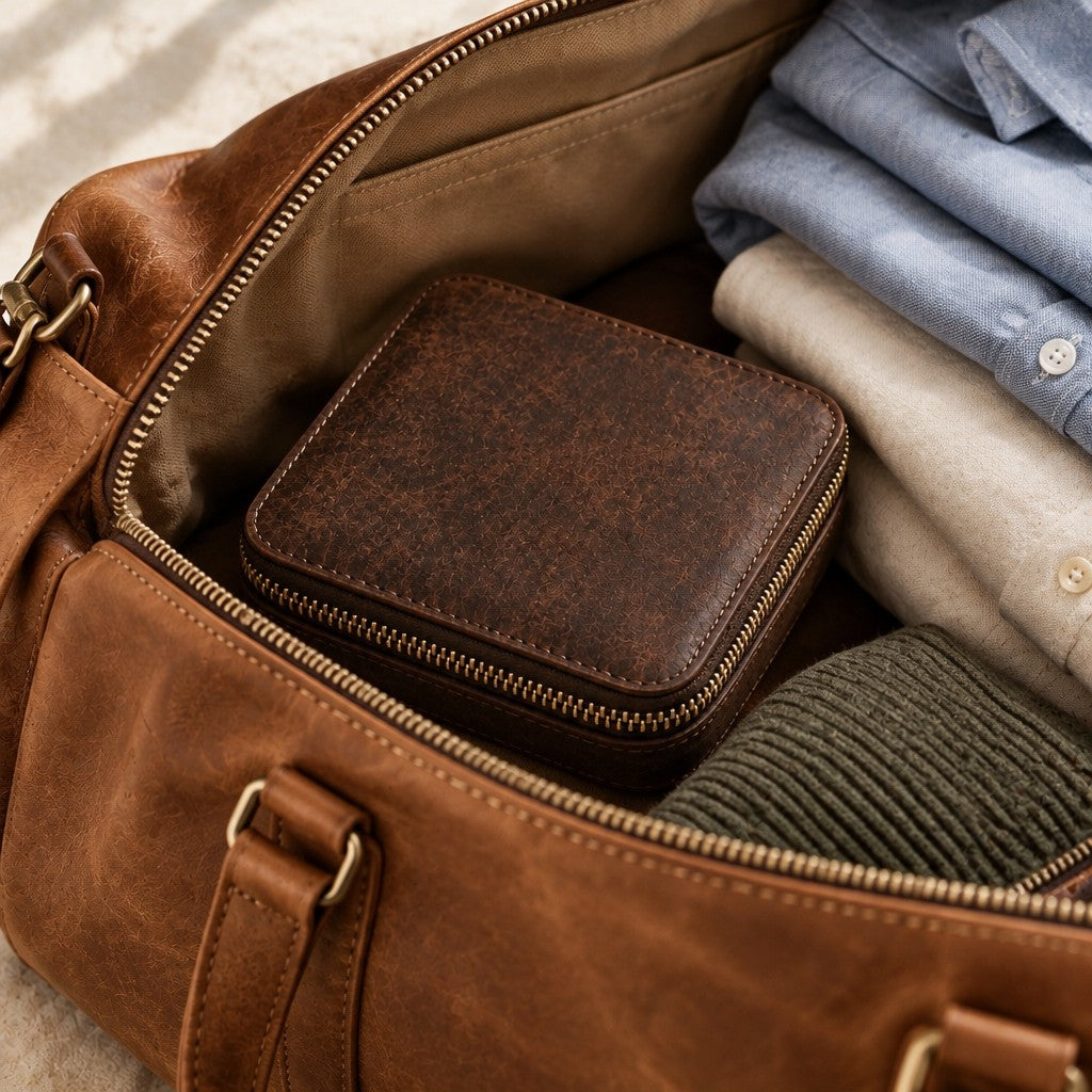 4-Watch Zippered Leather Travel Case packed in a leather weekender bag, beside folded shirts