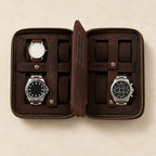 Top view of the 4-Watch Zippered Leather Travel Case open, with a 36 mm, a 42 mm and a 45 mm watch